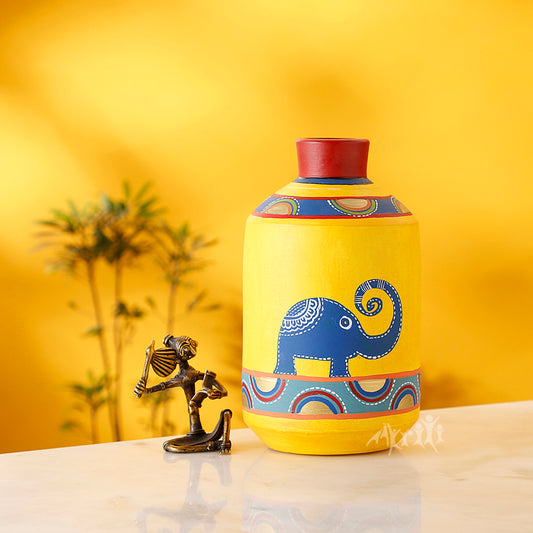 Happy Elephants Madhubani Yellow Vase (4.6x4.6x8)