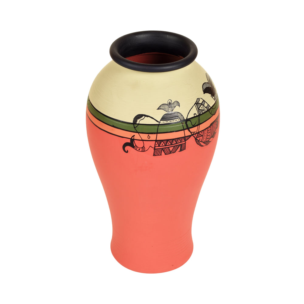 Carrot Red Earthen Vase with Madhubani Tattoo Art