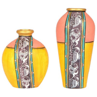 Vase Earthen Yellow Madhubani (Set of 2) (5x3.6/6.7x3.2)