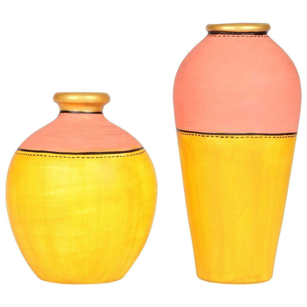 Vase Earthen Yellow Madhubani (Set of 2) (5x3.6/6.7x3.2)