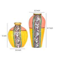 Vase Earthen Yellow Madhubani (Set of 2) (5x3.6/6.7x3.2)