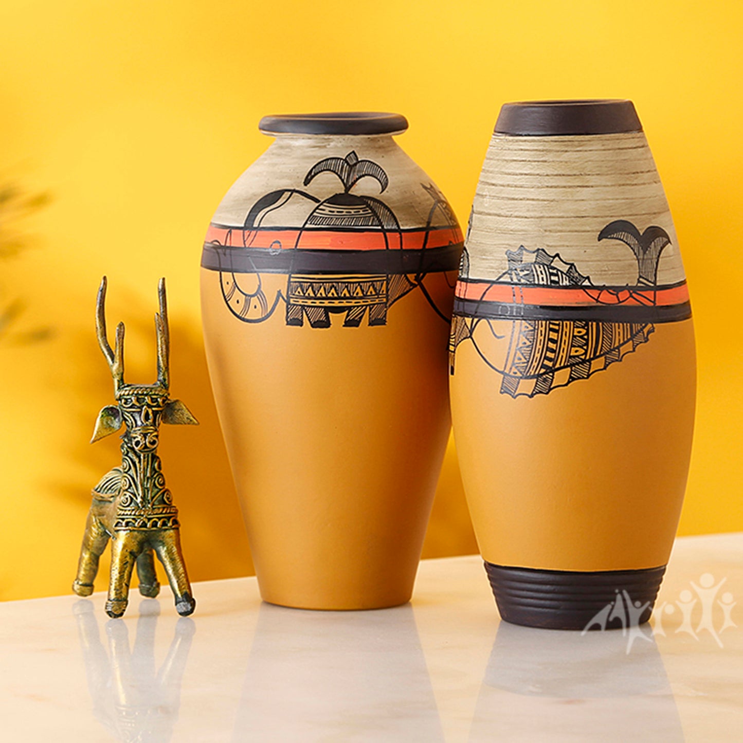 Vase Earthen Yellow Madhubani with Fish Motifs (Set of 2) (6.2x3/6.2x3)