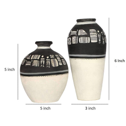 Vase Earthen Handcrafted Black & White Warli (Set of 2) (5x5/6x3)