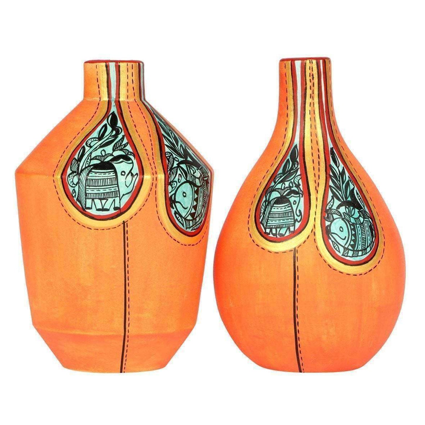 Vase Earthen Handcrafted Orange Warli (Set of 2) (6.1x3.7/6.3x3.7)