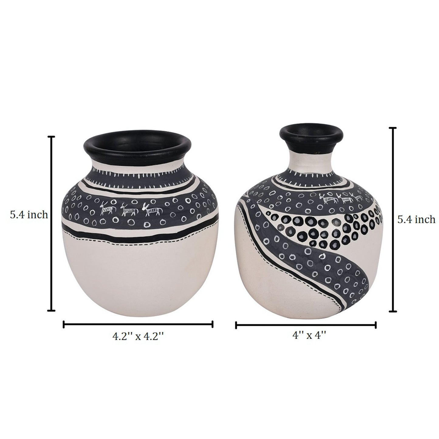 Vase Earthen White Warli (Set of 2) (5.4x4/5.5x4.5)