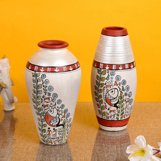 White Madhubani Terracotta Vase (Set of 2)
