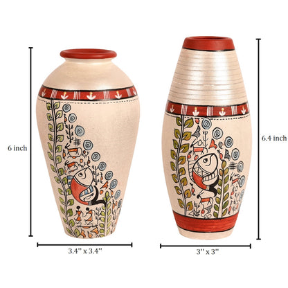 White Madhubani Terracotta Vase (Set of 2)