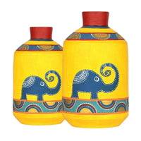 Happy Elephants Madhubani Yellow Vases(Set of 2) (8x4.6/10x5.4)