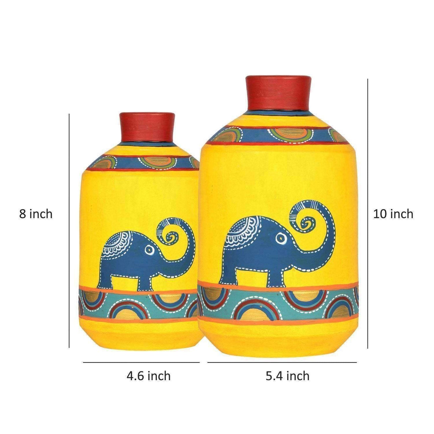 Happy Elephants Madhubani Yellow Vases(Set of 2) (8x4.6/10x5.4)