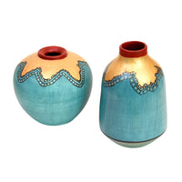 Turquoise Blue Golden Glaze Vase Set of 2 (6x5/6.5x4 Dia)