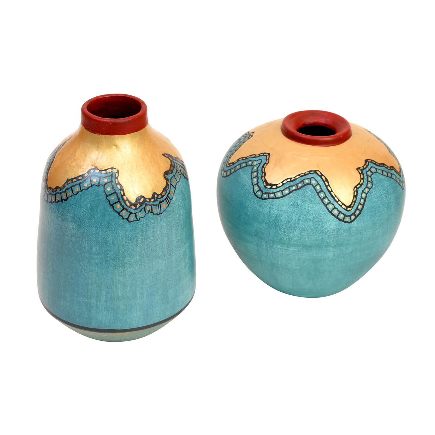 Turquoise Blue Golden Glaze Vase Set of 2 (6x5/6.5x4 Dia)