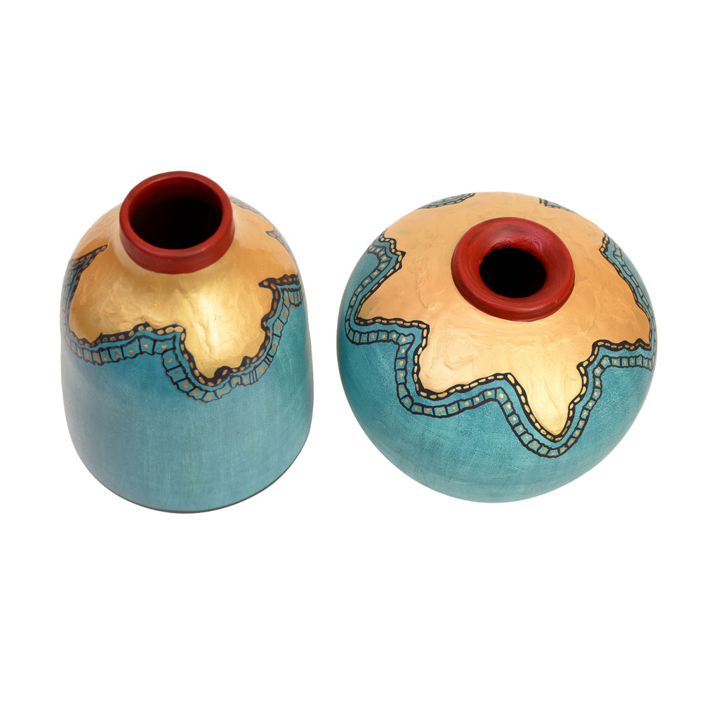 Turquoise Blue Golden Glaze Vase Set of 2 (6x5/6.5x4 Dia)