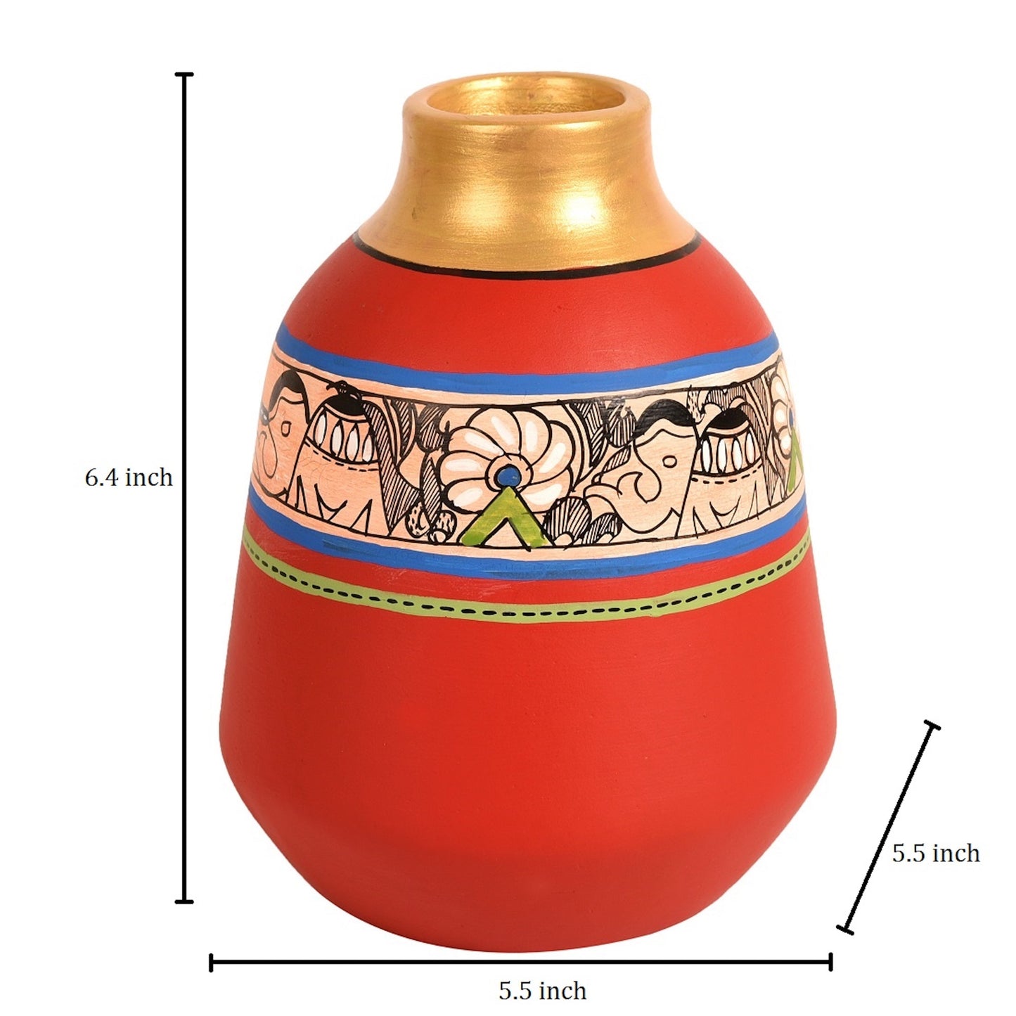 Vase Earthen Red Madhubani (Set of 2) (3.5x6.5/6.5x5.5)
