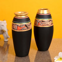 Vase Earthen Black Madhubani (Set of 2) (6.4x3/6x3)