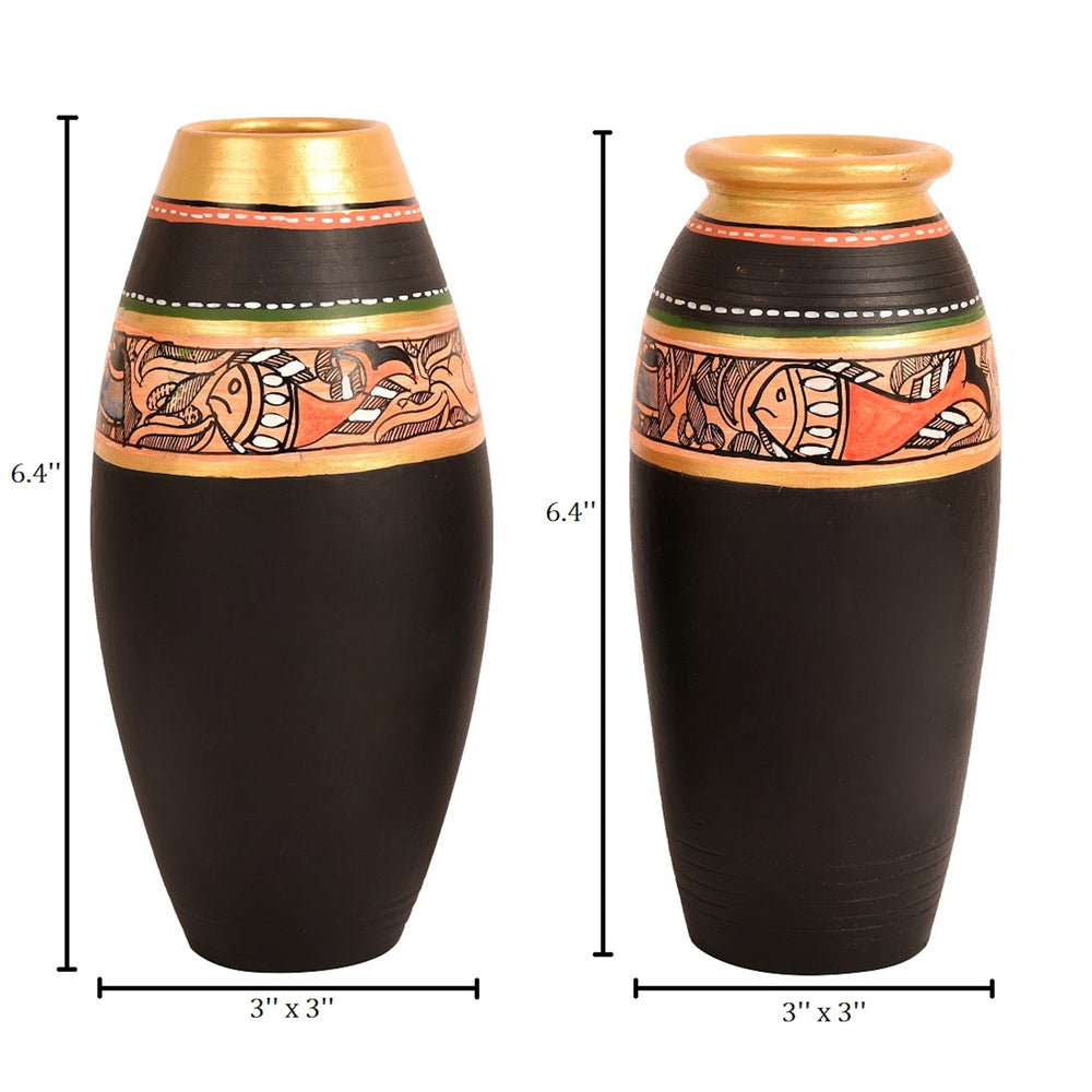 Vase Earthen Black Madhubani (Set of 2) (6.4x3/6x3)