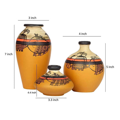 Vase Earthen Miniatures Yellow Madhubani (Set of 3) 4.4/5/7