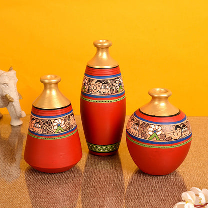 Vase Earthen Red Madhubani (Set of 3) 6/5/5