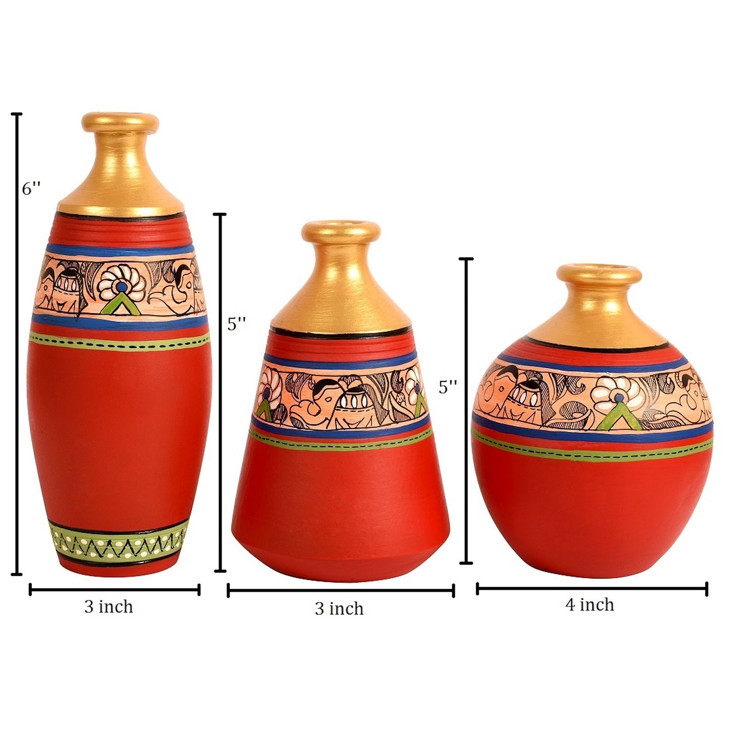Vase Earthen Red Madhubani (Set of 3) 6/5/5