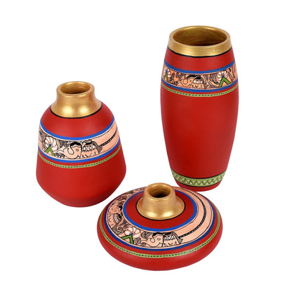 Vase Earthen Red Madhubani (Set of 3) 3.5/6.5/9