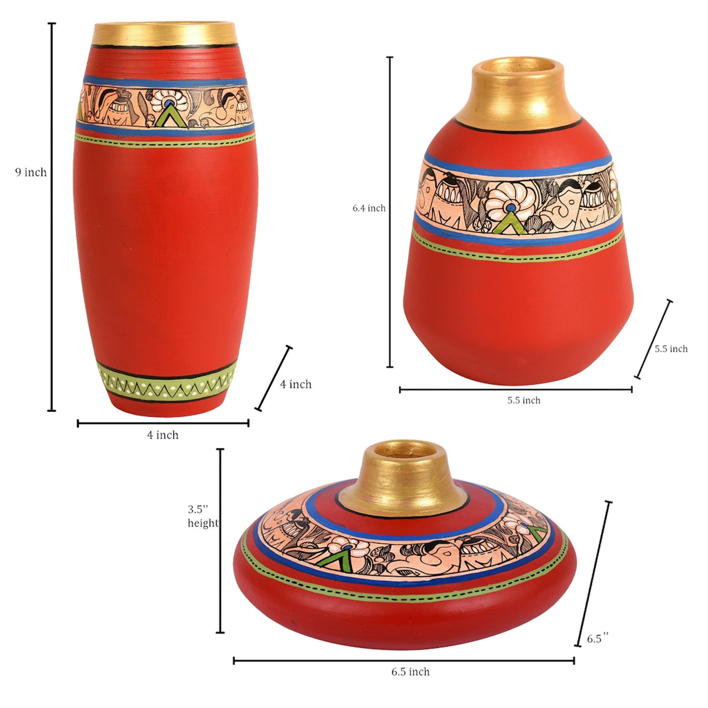 Vase Earthen Red Madhubani (Set of 3) 3.5/6.5/9