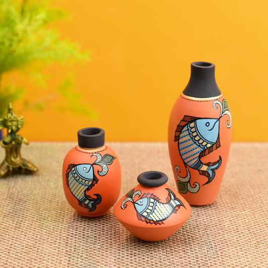 Orange Happy Fishes Terracotta Vases (Set of 3)