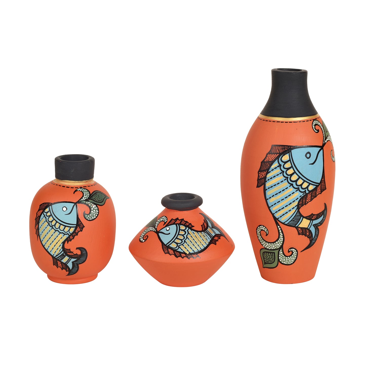 Orange Happy Fishes Terracotta Vases (Set of 3)