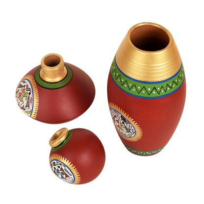 Red Rustic Warli Terracotta Vases (Set of 3)