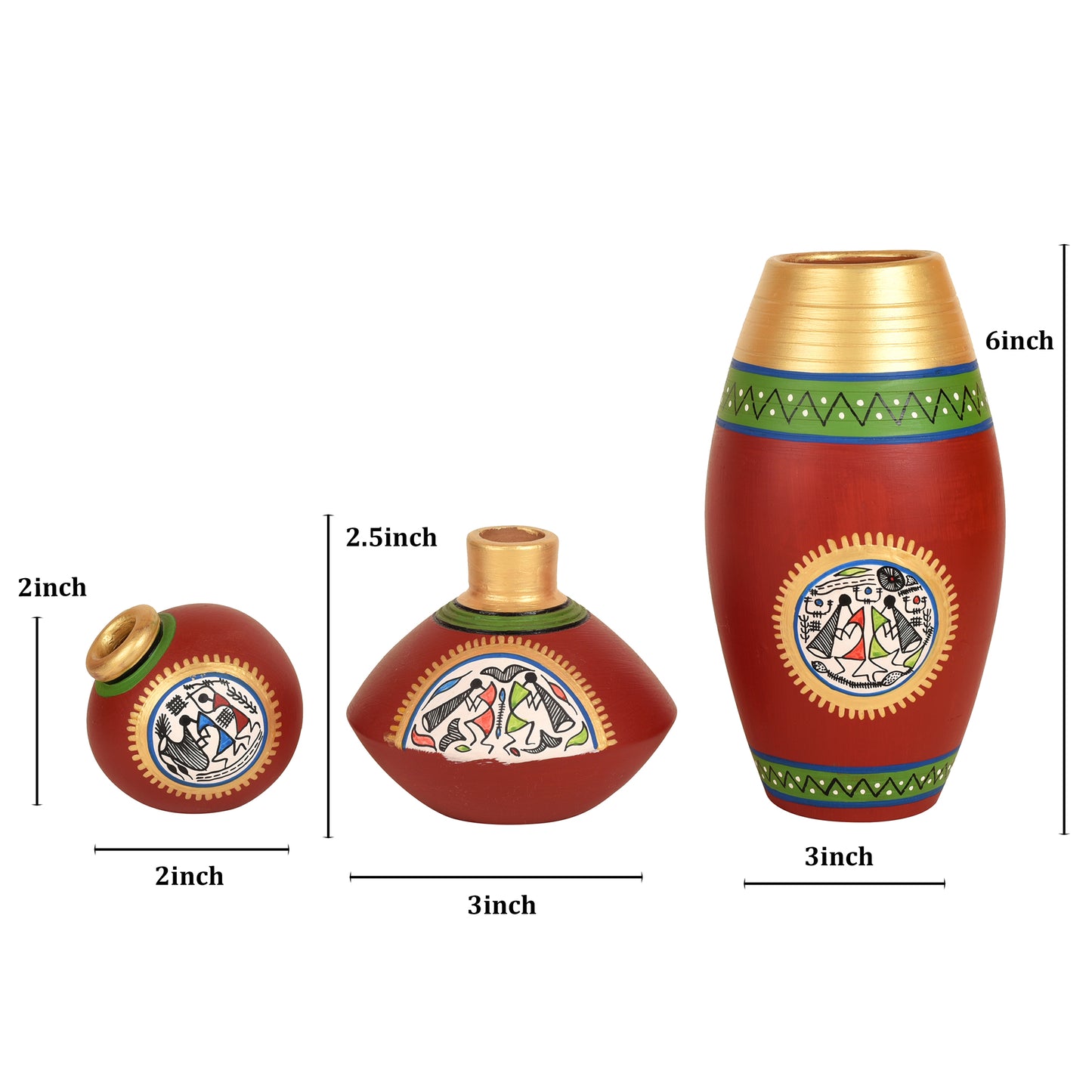 Red Rustic Warli Terracotta Vases (Set of 3)