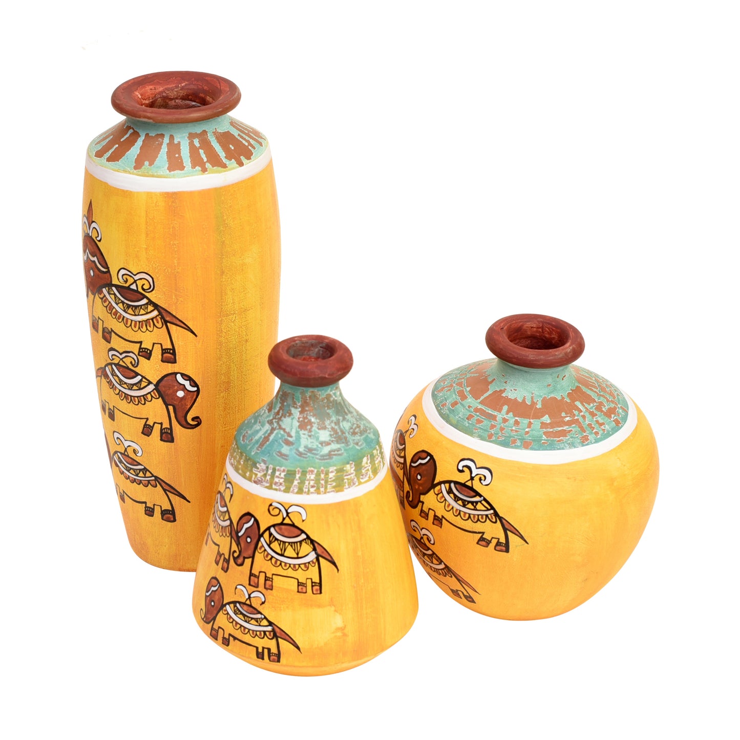 Yellow Happy Elephant Scratched Terracotta Vase (Set of 3)