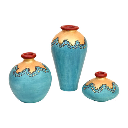 Turquoise Blue Golden Glaze Terracotta Vase (Set of 3)