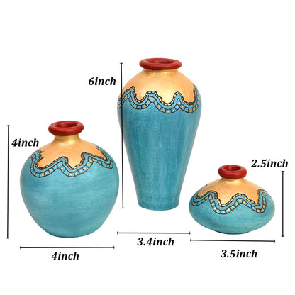 Turquoise Blue Golden Glaze Terracotta Vase (Set of 3)