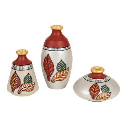Silver Bloom Earthen Vases Handpainted in Tribal Art
