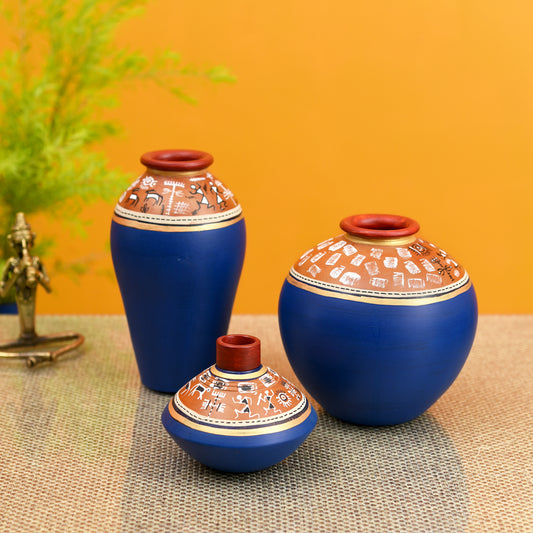 Blue Exotic Warli Terracotta Vases (Set of 3)