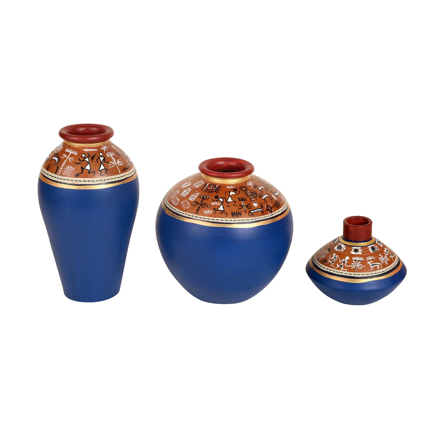 Blue Exotic Warli Terracotta Vases (Set of 3)