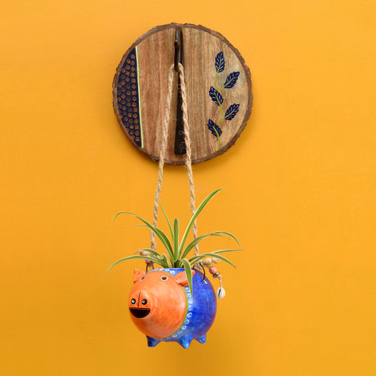 Blue Pig Earthen Planter on a Round Wall Hook