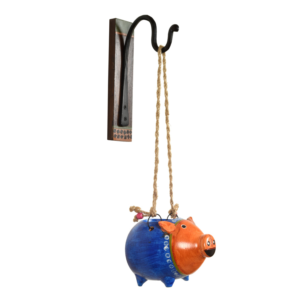 Blue Pig Earthen Planter on a Classic Wall Hook