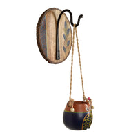 Blue-Brown Earthen Planter on Round Wooden Hook