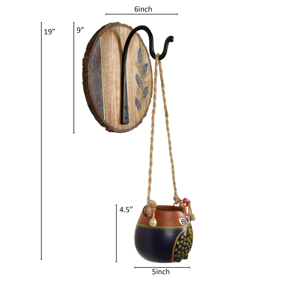 Blue-Brown Earthen Planter on Round Wooden Hook