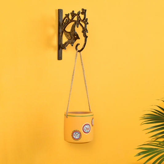 Yellow Warli Terracotta Hanging Planter with Metal Wall Hanging