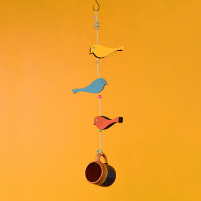 Blue Cup Hanging Bird Feeder with Bird Motifs