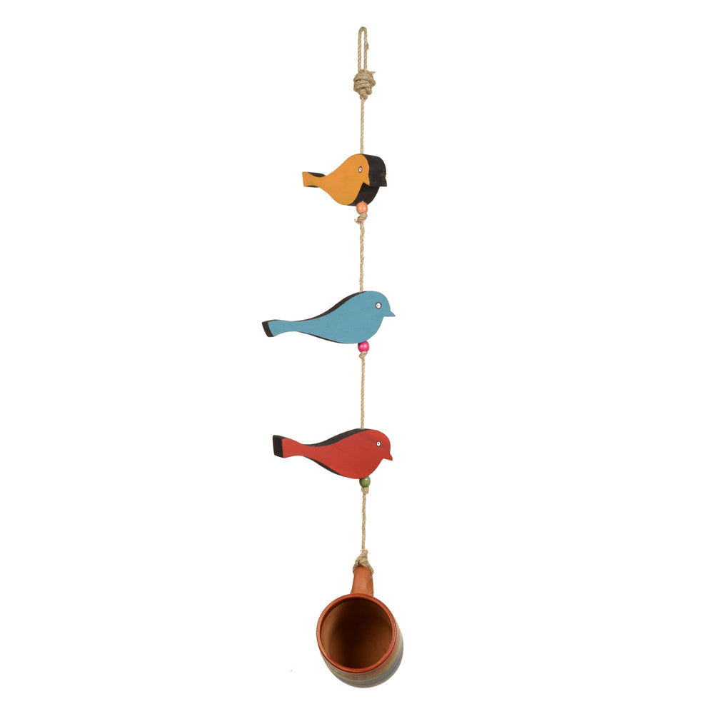 Blue Cup Hanging Bird Feeder with Bird Motifs