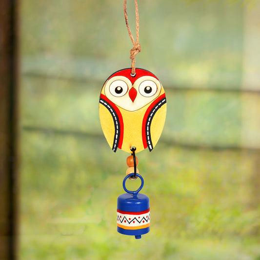 Owl Wind Chime with Metal Bell, Yellow and Blue