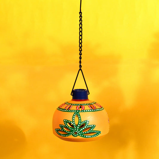Terracotta Handpainted Yellow Matki Hanging Tea Light