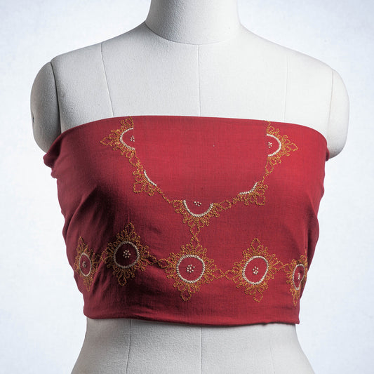 Red - Hand Embroidered Dharwad Handloom Cotton Blouse Piece with Border