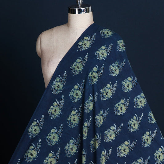 Blue - Indigo With Floral Butta's Ajrakh Block Printed Natural Dyed Cotton Fabric