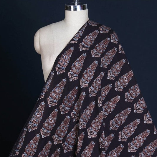 Black - Large Butta On Black Ajrakh Block Printed Natural Dyed Cotton Fabric
