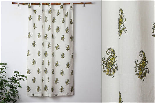 White - Sanganeri Handblock Printed Cotton Window Curtain (5 x 3.5 feet)