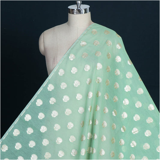 Green - Pure Banarasi Handwoven Cutwork Zari Buti Silk Cotton Fabric