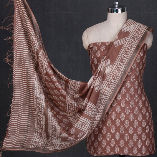 Original Maheshwari Silk Block Print Pure Handloom 3pc Suit Material Set