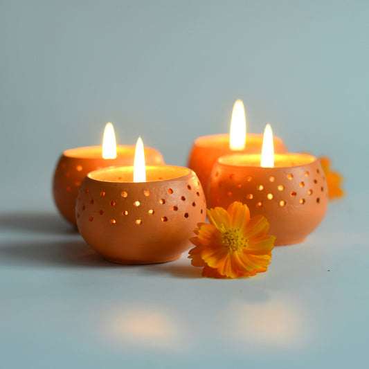 Handcrafted Terracotta "Dome" Tea Light Holder (Orange - Set Of 4)